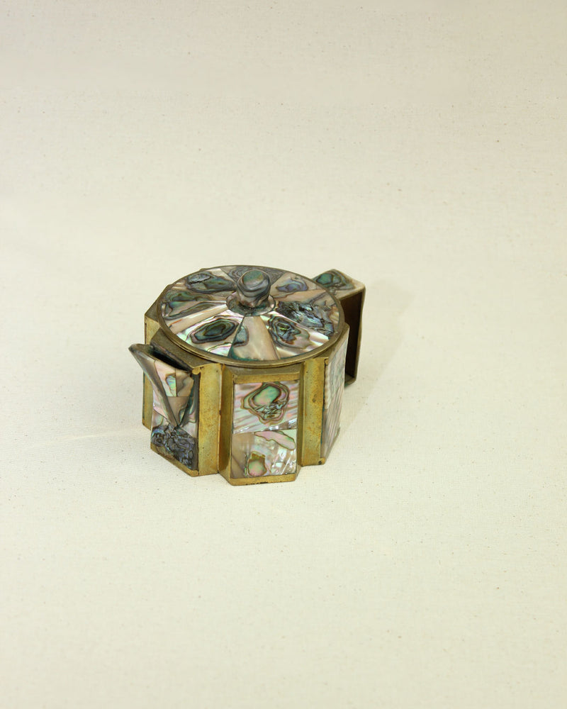 Small Mexican brass and abalone shell decorative jug detail view