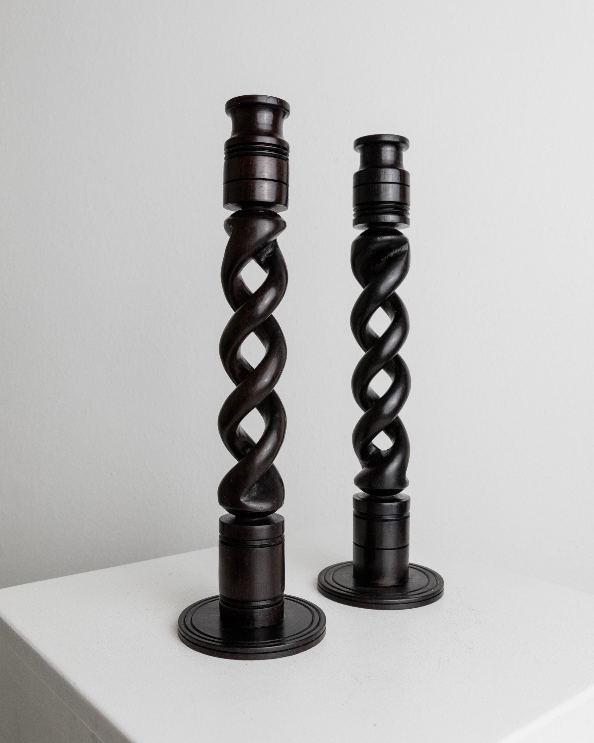 Set of 2 Candle Holders in Dark Wood, Italy 1970s