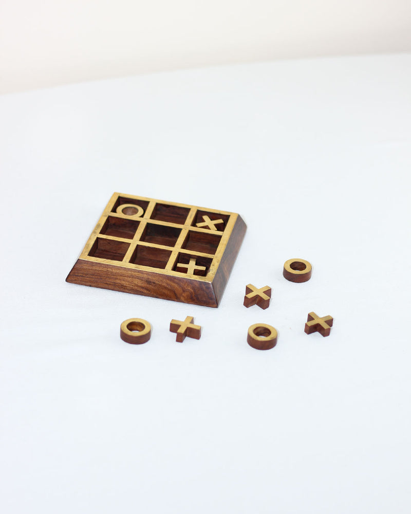Premium wooden tic tac toe game with walnut board and pieces