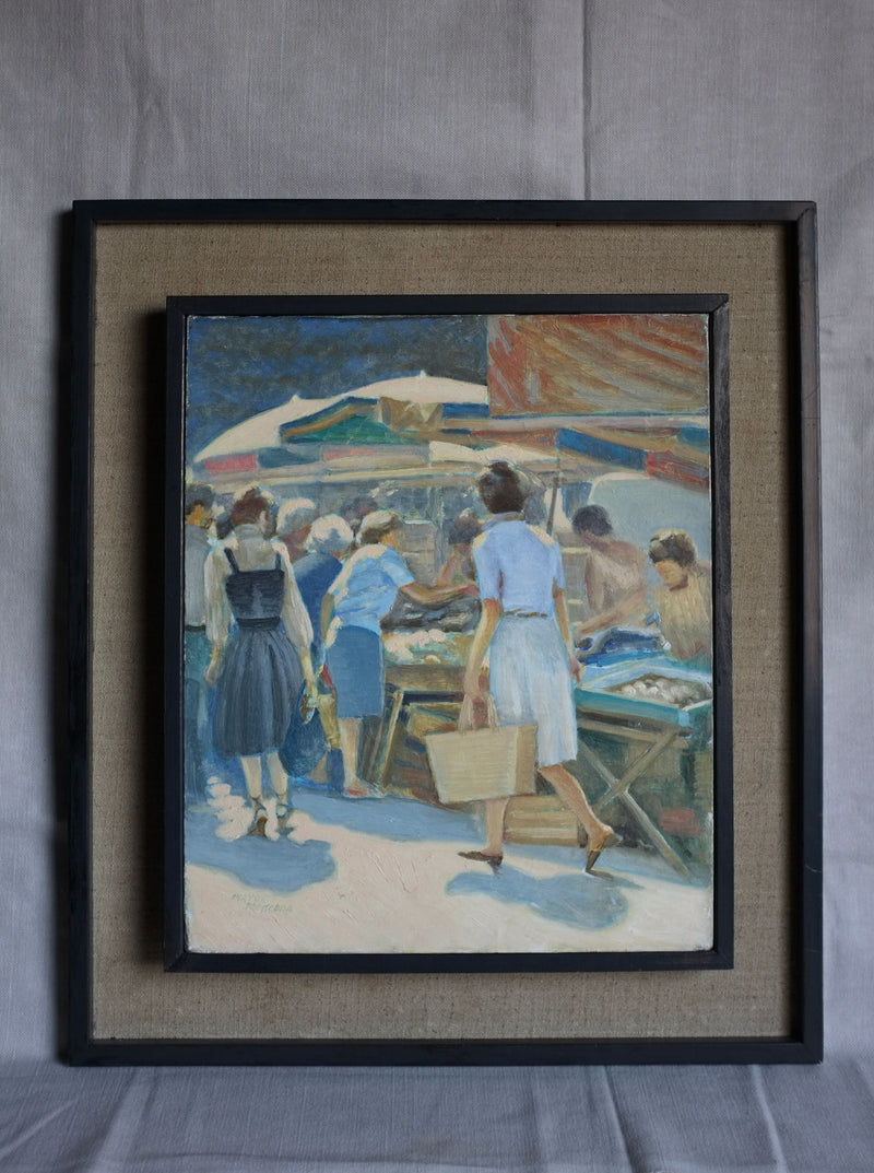 The "Vintage Genre Oil Painting with Market Scenes" by Veter Vintage captures a bustling summer market day. Several people, including women dressed in mid-century attire, are gathered around market stalls brimming with goods. One woman in a blue skirt and white blouse holds a basket, while the background features vibrant market tents.
