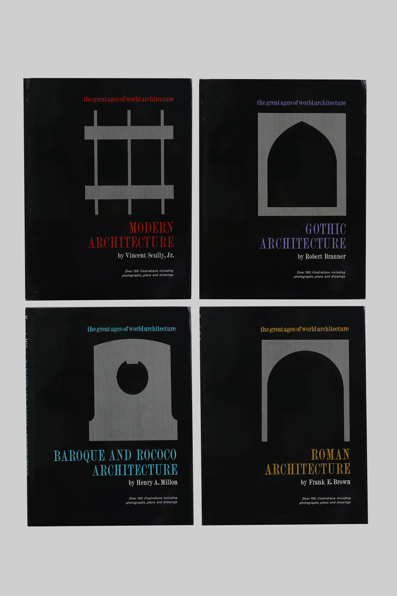 Four black architecture books showing Modern, Gothic, Baroque and Roman styles