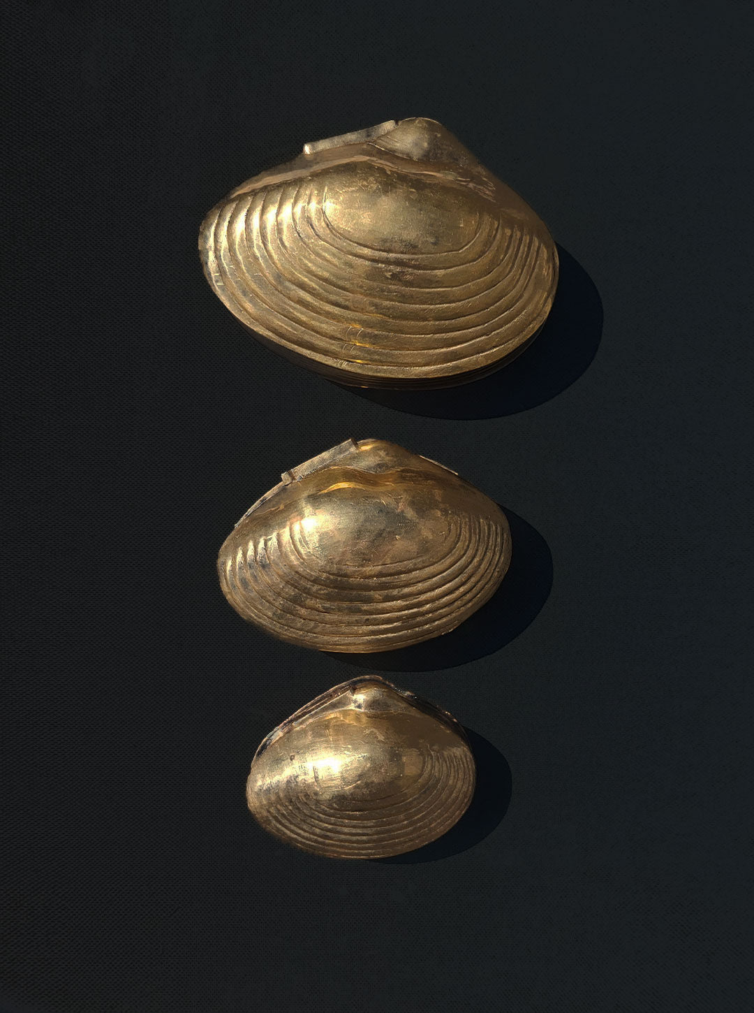 Three gold-colored, shell-shaped objects with brass gold finish are arranged vertically against a dark background. The largest shell is at the top, the medium-sized shell in the middle, and the smallest shell at the bottom. This Set of 3 Nesting Shell Boxes by Les Objoies features intricate, curved, layered details.