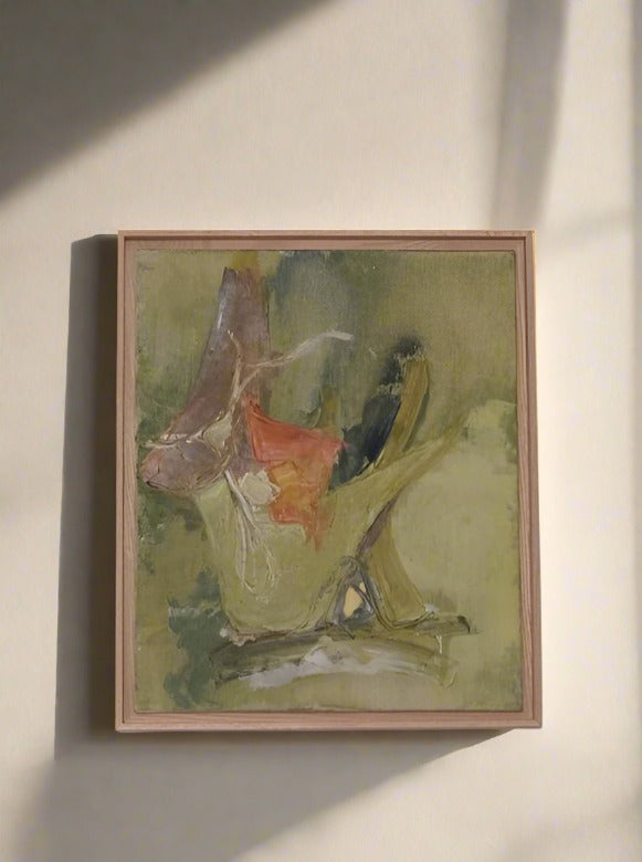 A framed LA NOUVELLE GALERIE Acrylic on abstract canvas signed Shultz, 1959 with shades of green, orange, and beige hangs on a wall. Sunlight casts soft shadows across the wall, illuminating the artwork. The acrylic painting features various blended shapes and colors, creating a textured and layered appearance in its custom-made frame.