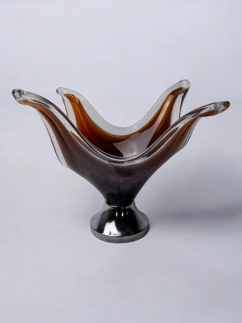 Vintage Murano glass centerpiece bowl by Seguso, amber and clear