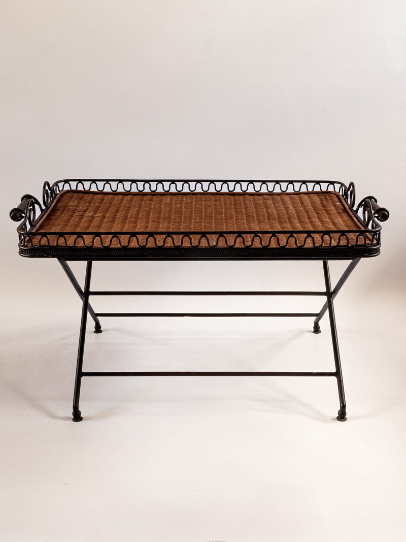 Iron and rattan folding tray table with decorative black frame