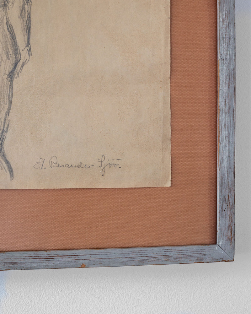 A close-up shows a partial drawing of a female form study on beige paper, titled "Nude Drawing Study II, 1940s" by Spigel. Signed and dated in cursive by Harriet Rosander de Tourtchaninoff at the bottom, this vintage artwork is enclosed in a simple wooden frame.