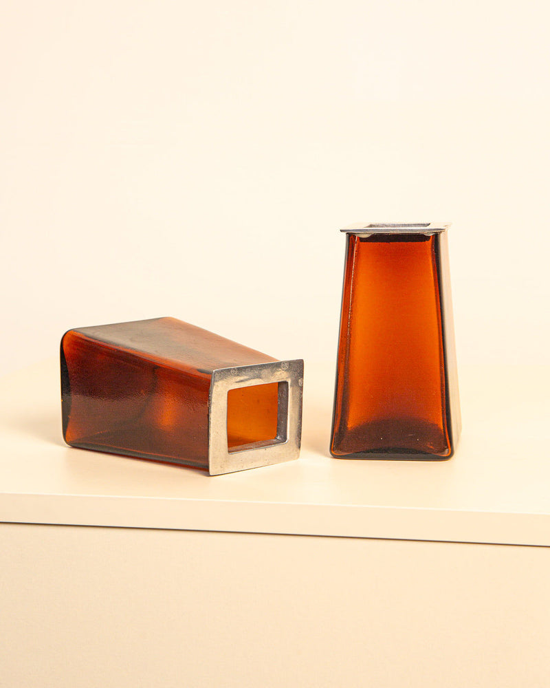 Amber glass vases with metal frame detail, Italian 1980s design