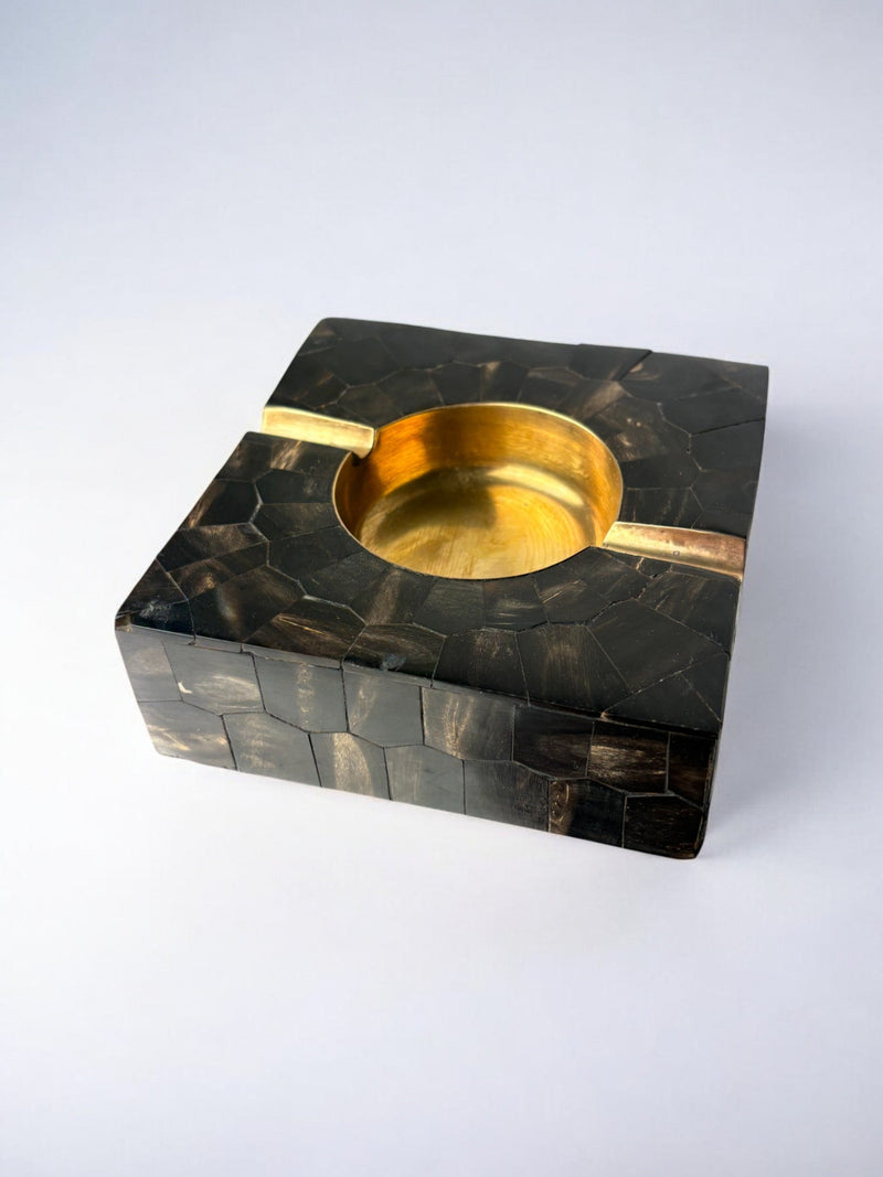 Tessellated tortoiseshell brass ashtray with golden bowl Italy 1970s