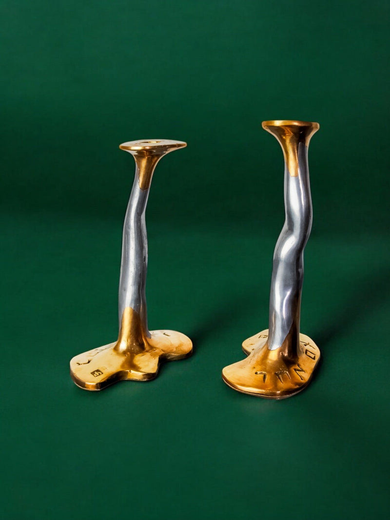 Pair of brutalist brass and steel candleholders by David Marshall