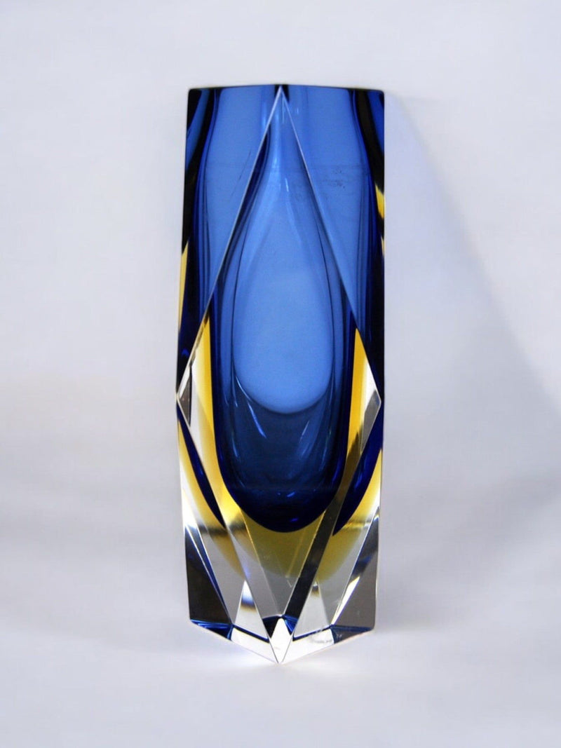 Blue Sommerso Murano glass vase with yellow accents, Italy 1960s