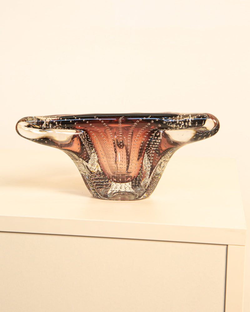 The Treaptyque Large Bubbled Murano Glass Tray 60s features two extended handles and a pink-to-clear gradient, crafted in vintage Italian style, and is displayed on a light surface against a plain background.