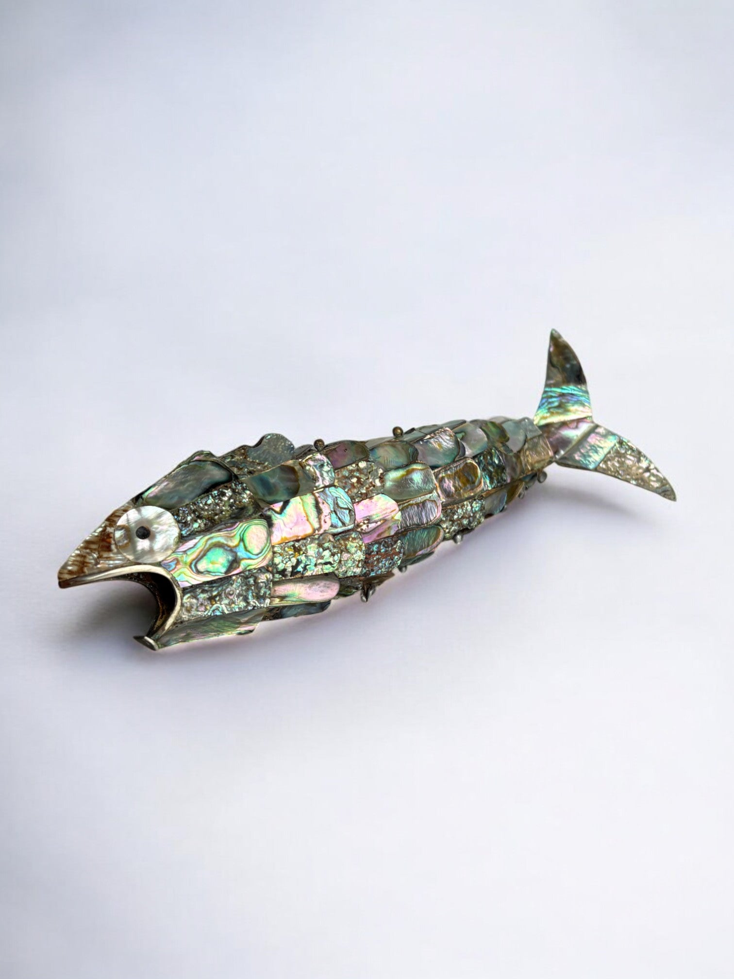 Articulated Abalone Shell and Brass Fish, Mexico, 1980s