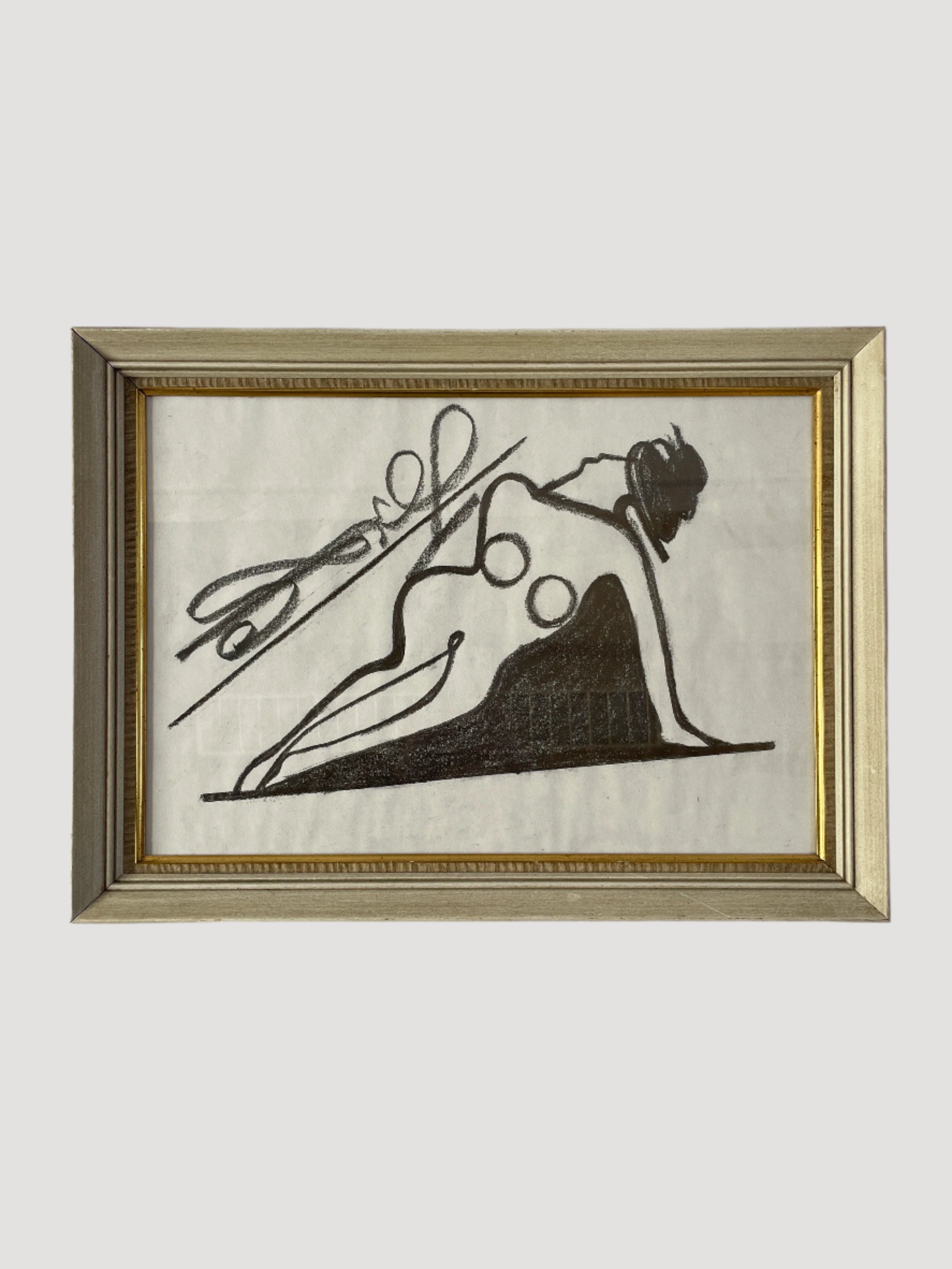 The Nude Artwork by Akop Tashchyan, available through Maud Vaughan, showcases a stylized human figure in a dynamic pose within its framed picture. This composition by LA artist Akop Tashchyan incorporates bold, intersecting lines and geometric shapes that convey movement and energy. The frame features a simple design with a gold inner edge.