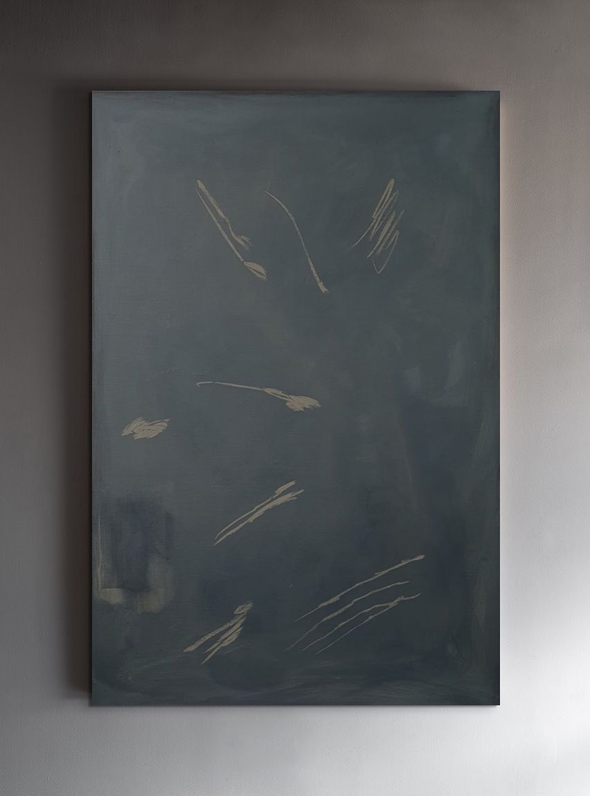 ‘I am rooted, but I flow’ by Yeliza Gevorgyan is a dark gray abstract minimalist canvas featuring light, wispy brushstrokes and smudges. This original artwork includes a certificate of authenticity.