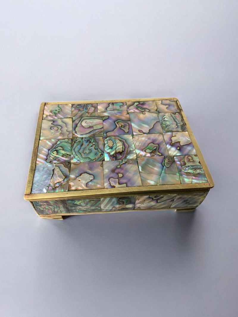 Abalone shell decorative box with brass trim and mosaic pattern