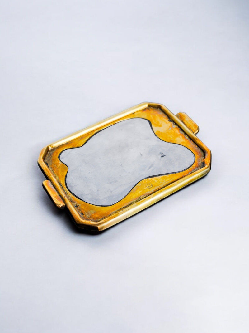 Brutalist brass vide-poche tray with organic stone inlay, 1970s