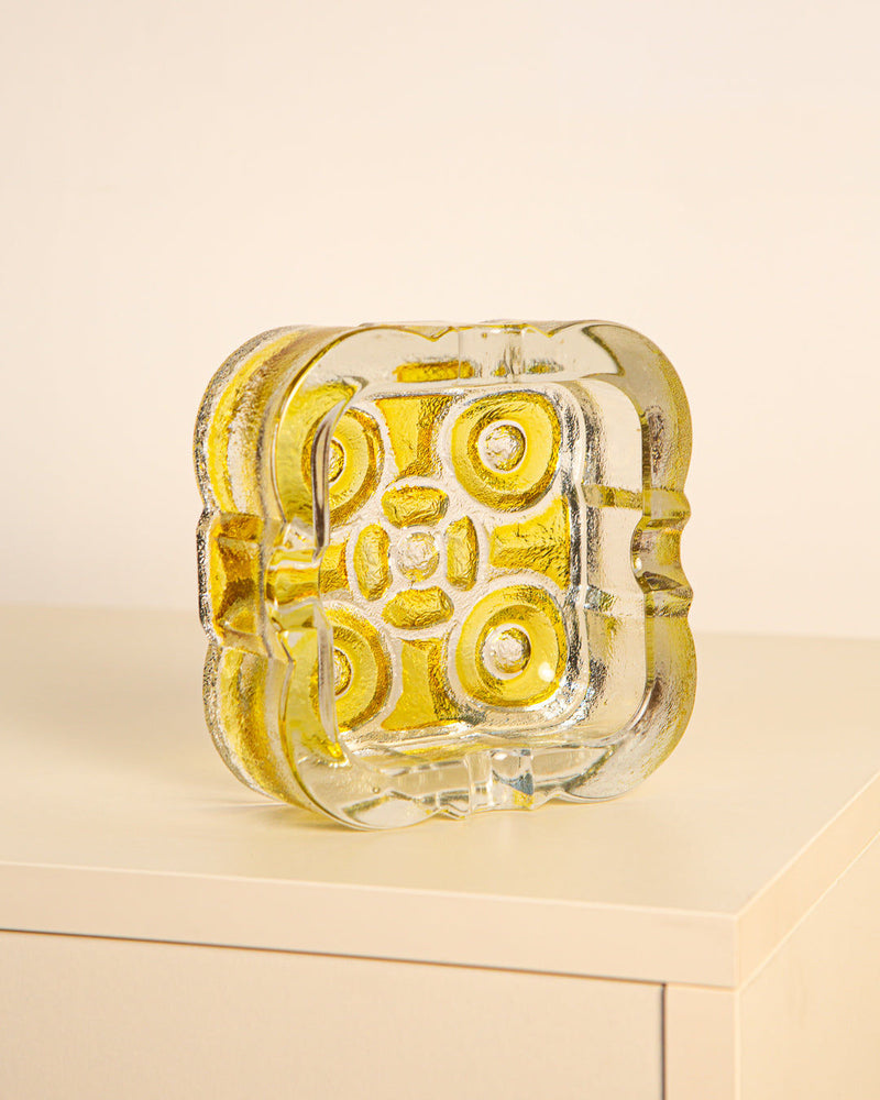 Square Italian amber glass ashtray with geometric pattern from 1970s