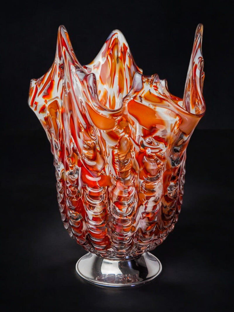 Red and clear Murano glass vase with swirled pattern by Seguso