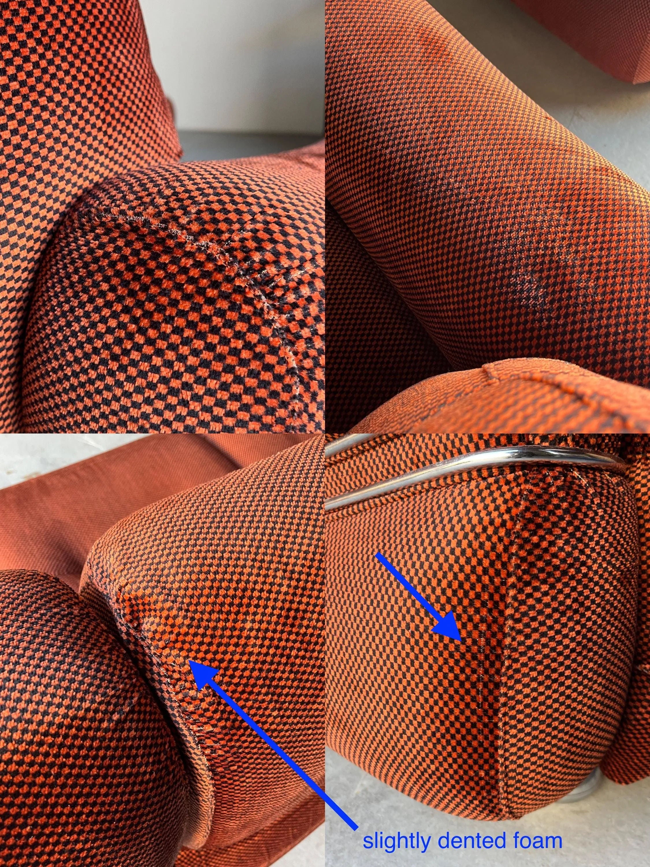 Close-up images of the Cherry Cargo Italian Space Age Seating Set showcase its textured checkered orange and black upholstery from the 1970s, displaying vintage wear. Blue arrows point to foam dents beneath the velvet-like fabric, narrating a tale of cherished use.