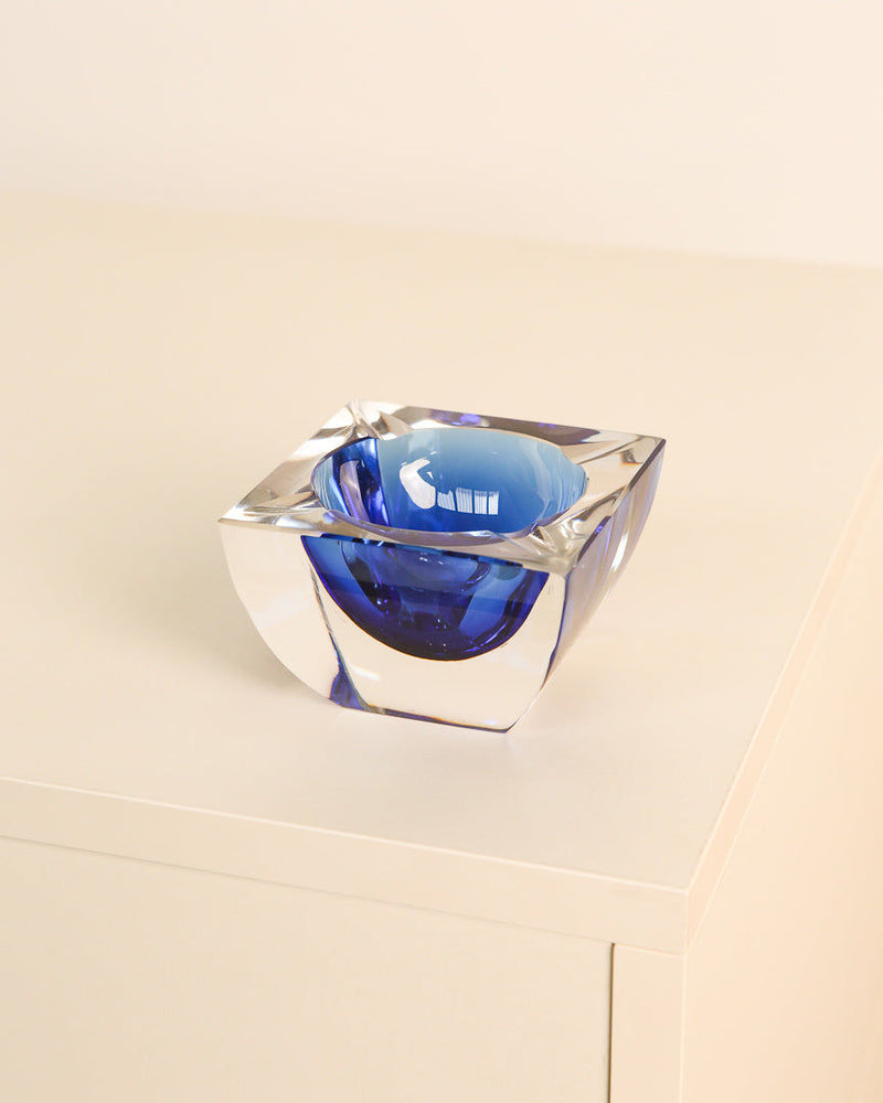 Square blue crystal ashtray with geometric faceted design by Val Saint Lambert