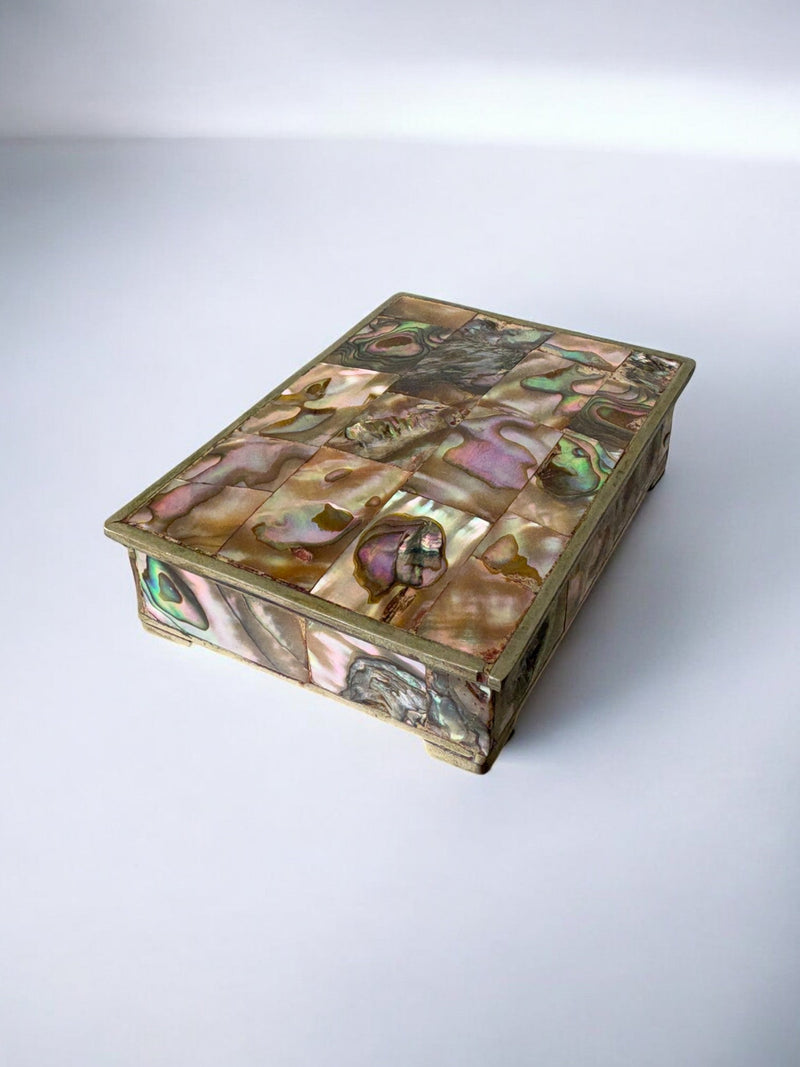 Vintage abalone shell vanity box with alpaca inlay from 1970s Mexico