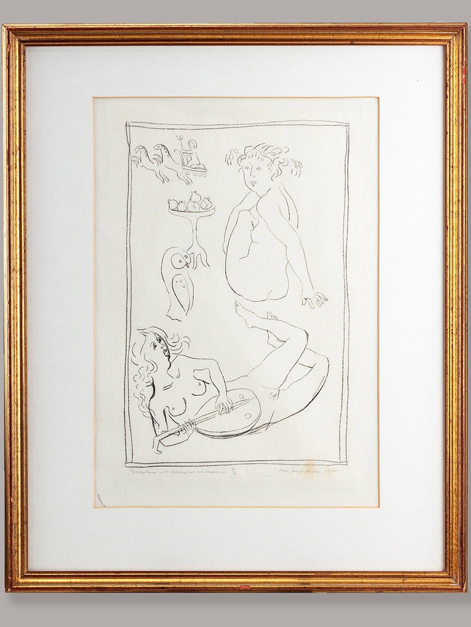 This framed limited edition lithograph by Eric James Mellon from RELIC LONDON portrays a seated nude with a lute, gazing at another partially clothed figure among mythological scenes featuring surreal elements like a mask and bird-like creature.