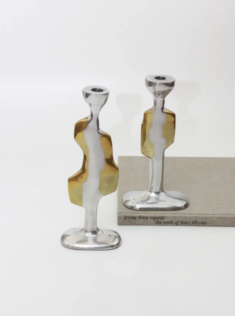 Handcrafted Pair of Brutalist Candleholders with geometric design