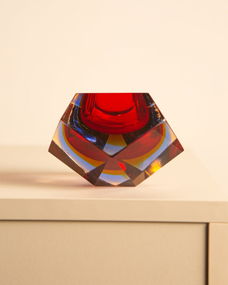 Multicolored Murano glass diamond ashtray showing angular facets