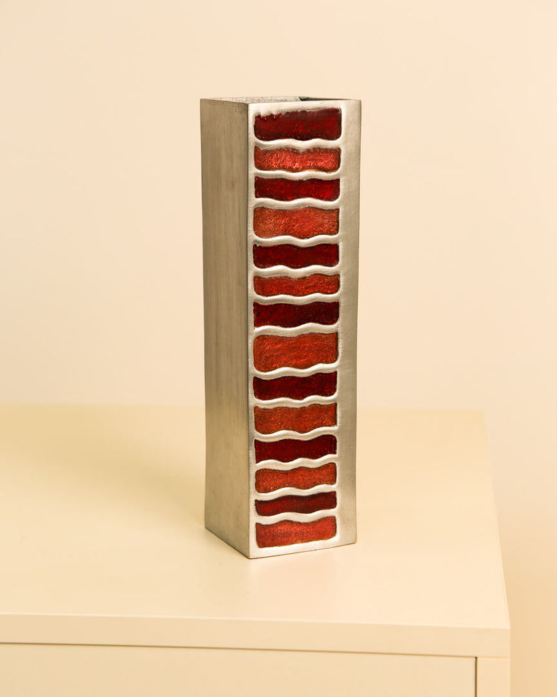 Red enameled aluminum rectangular vase with layered design 1970s