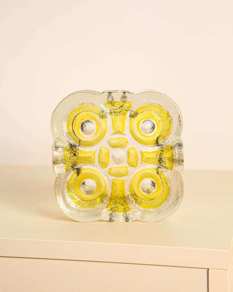 Square Italian glass ashtray with yellow geometric pattern detail