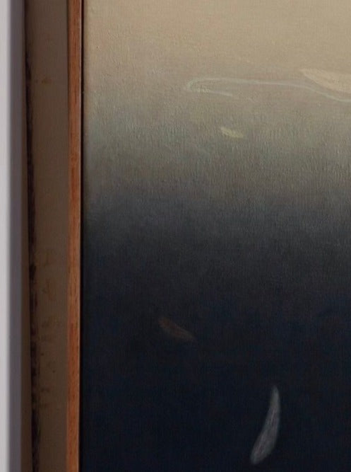 A close-up of "Moonlight, 2024," an acrylic on canvas artwork by Rebecca von Matérn, measuring 82x102 cm, reveals a gradient background transitioning from light beige at the top to dark gray at the bottom. The piece features faint, swirling shapes and subtle textures. An oak frame is partially visible along the left edge.