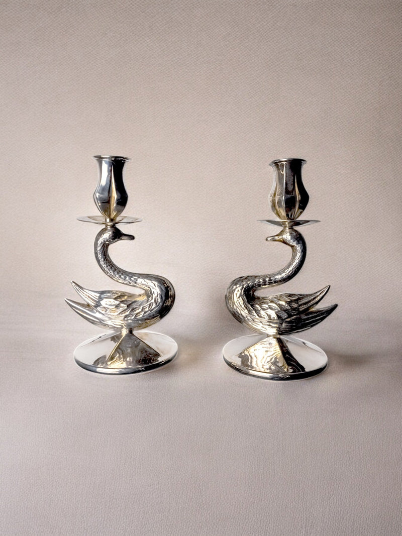 Pair of Art Deco swan candleholders in polished alpaca silver