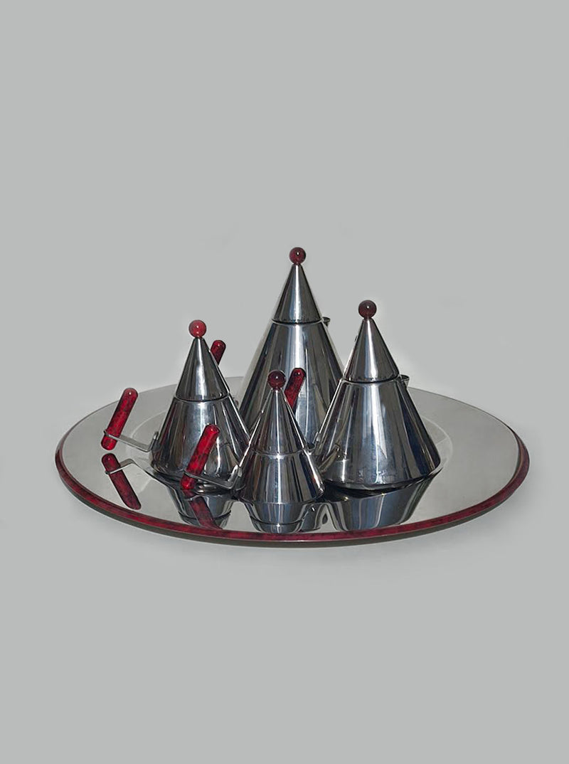 Chrome and red Memphis coffee tea set with conical vessels on mirror tray