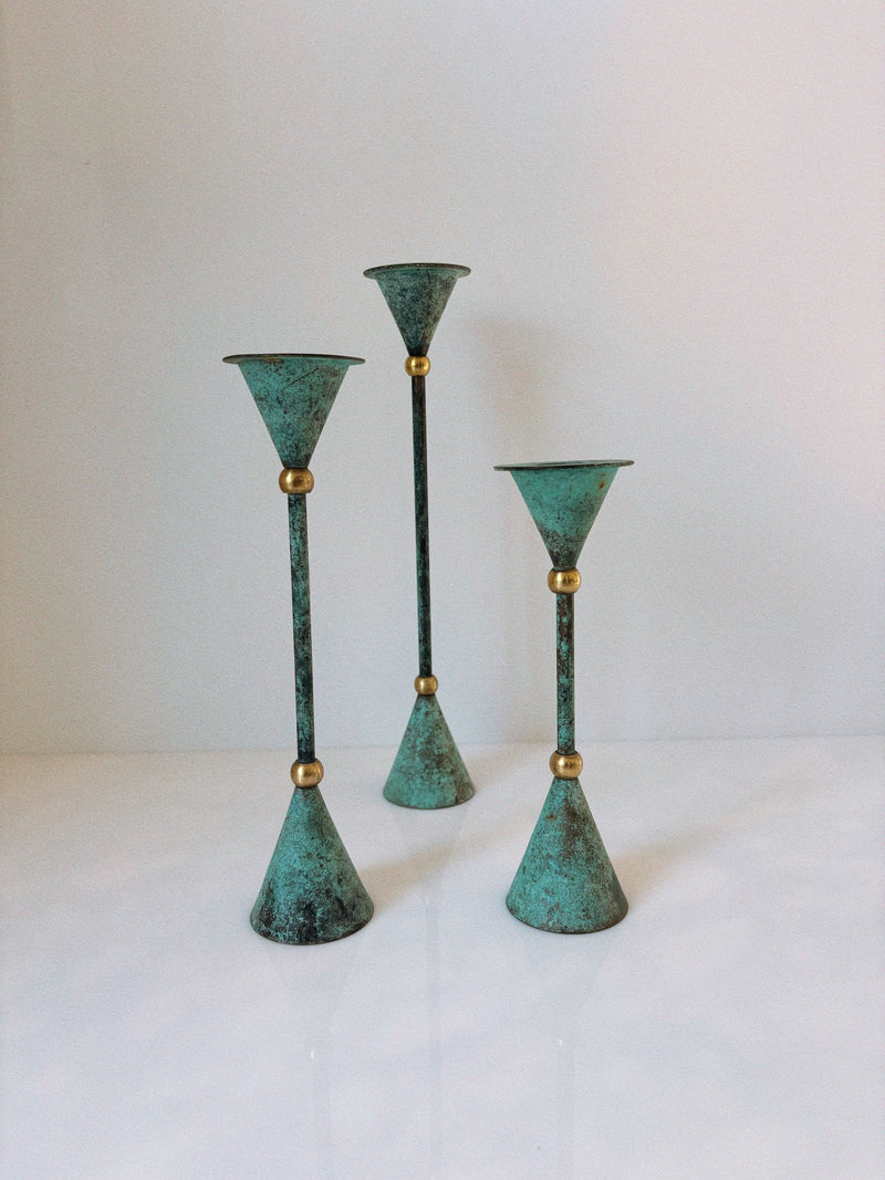 Set of 3 verdigris patina brass candleholders varying heights