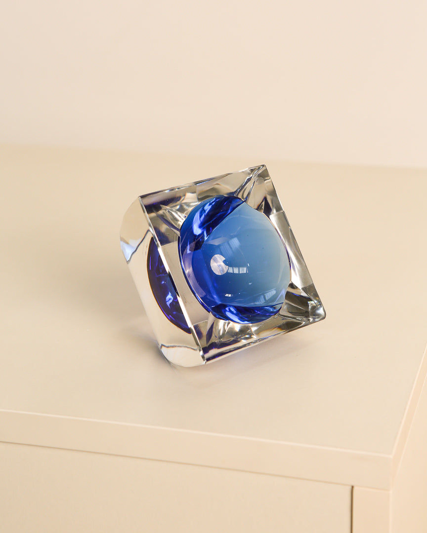 Square blue crystal ashtray by Val Saint Lambert detail view