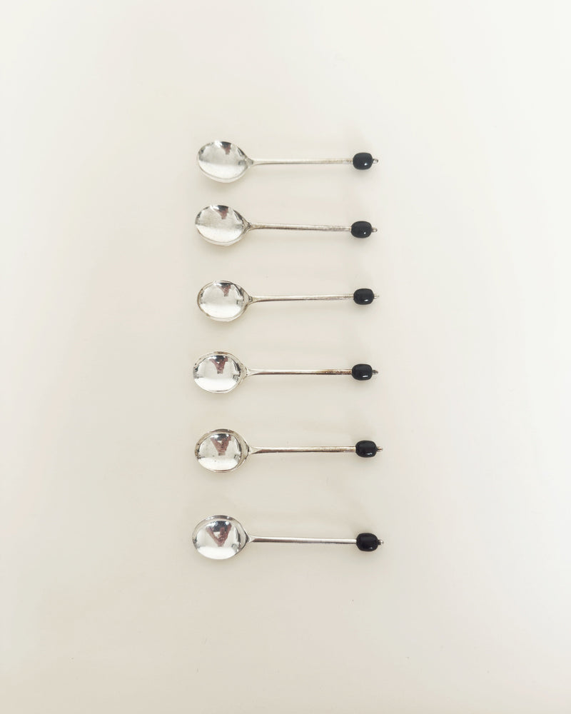 Set of six silver vintage coffee bean spoons with black bead handles