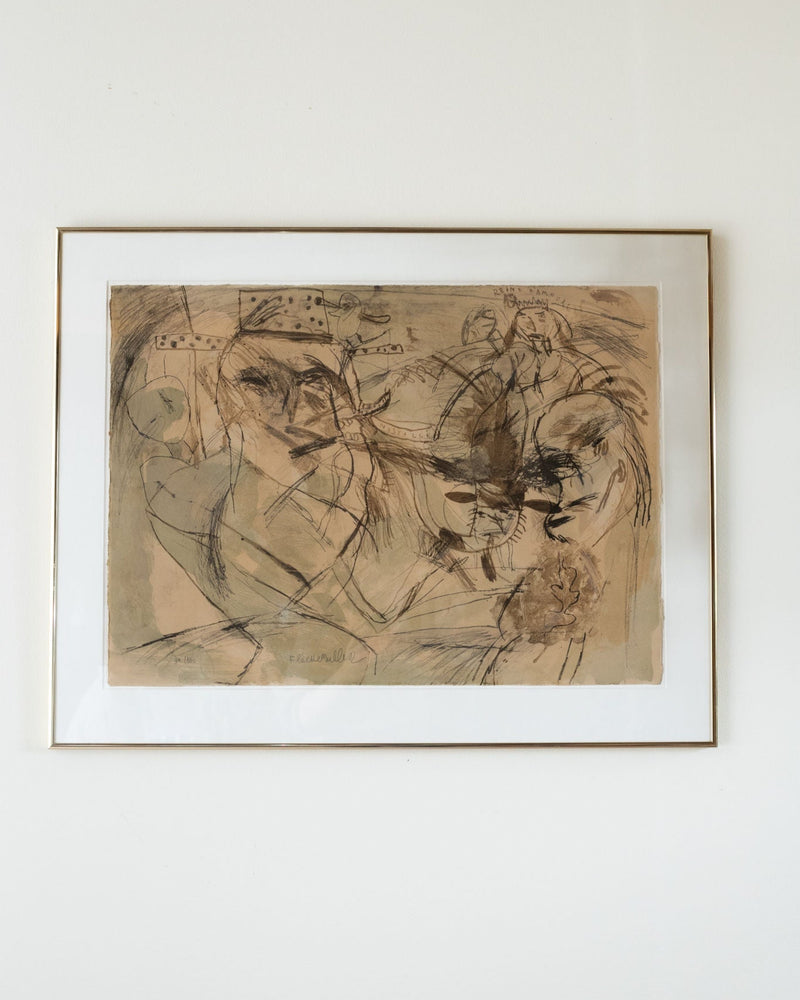 Abstract lithograph with sketched figures and gestural lines by Jacques Flechemuller