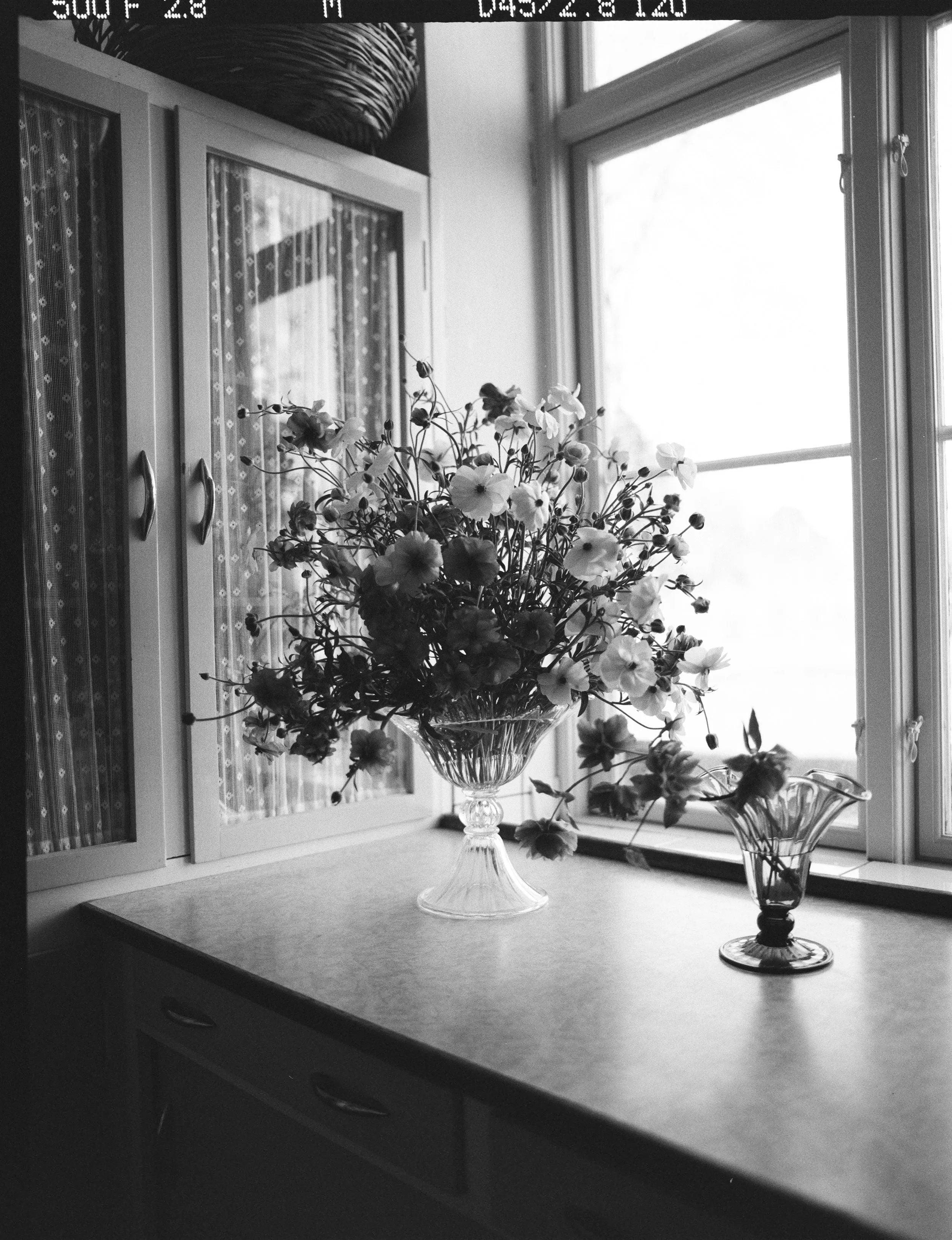 A black-and-white photo of a kitchen with a Murano glass vase of flowers on a counter in front of a window. Cabinets with glass doors and patterned curtains are seen in the background. Another smaller flower arrangement, placed in an Akua Objects Karen Blixen Vase Small, is next to the larger pedestal vase, adding charm to the scene.