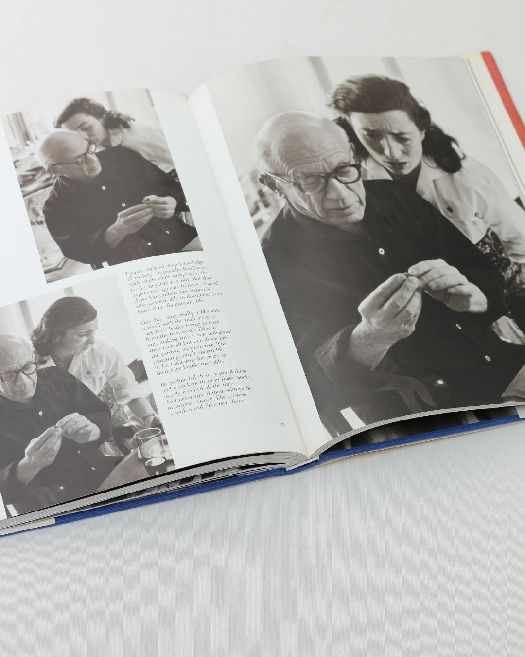 In "Picasso and Jacqueline" from Boga Avante Shop, black-and-white photos by David Douglas Duncan show the elderly Picasso with glasses closely examining an object as Jacqueline observes his creative process in the background.