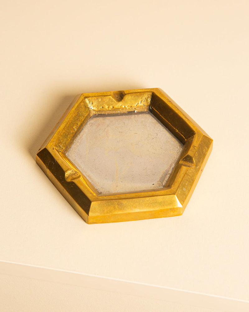 Brutalist brass hexagonal ashtray with silver interior by Marshall