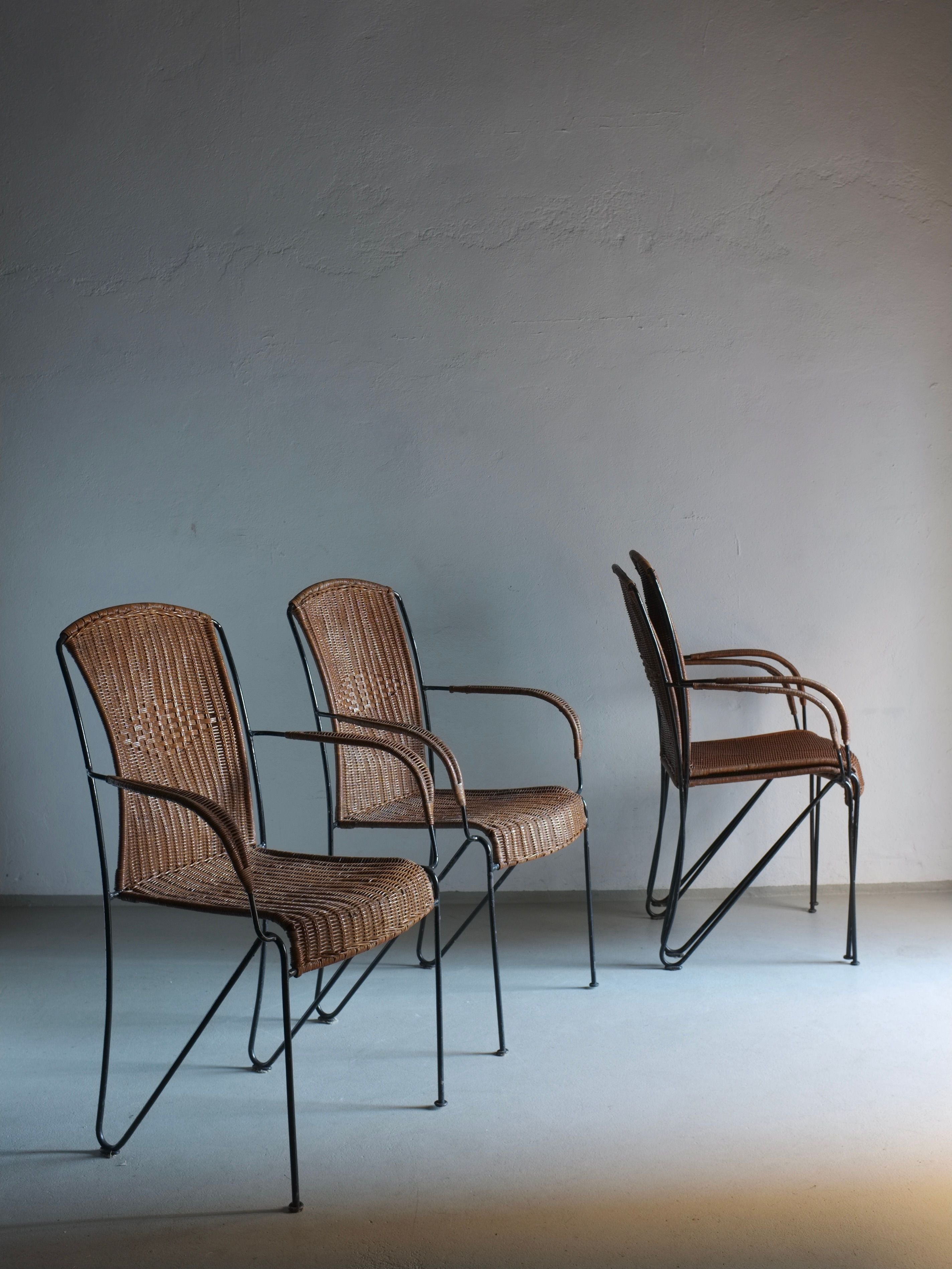 4 Frederick Weinberg Wicker Iron Armchairs, 1960s