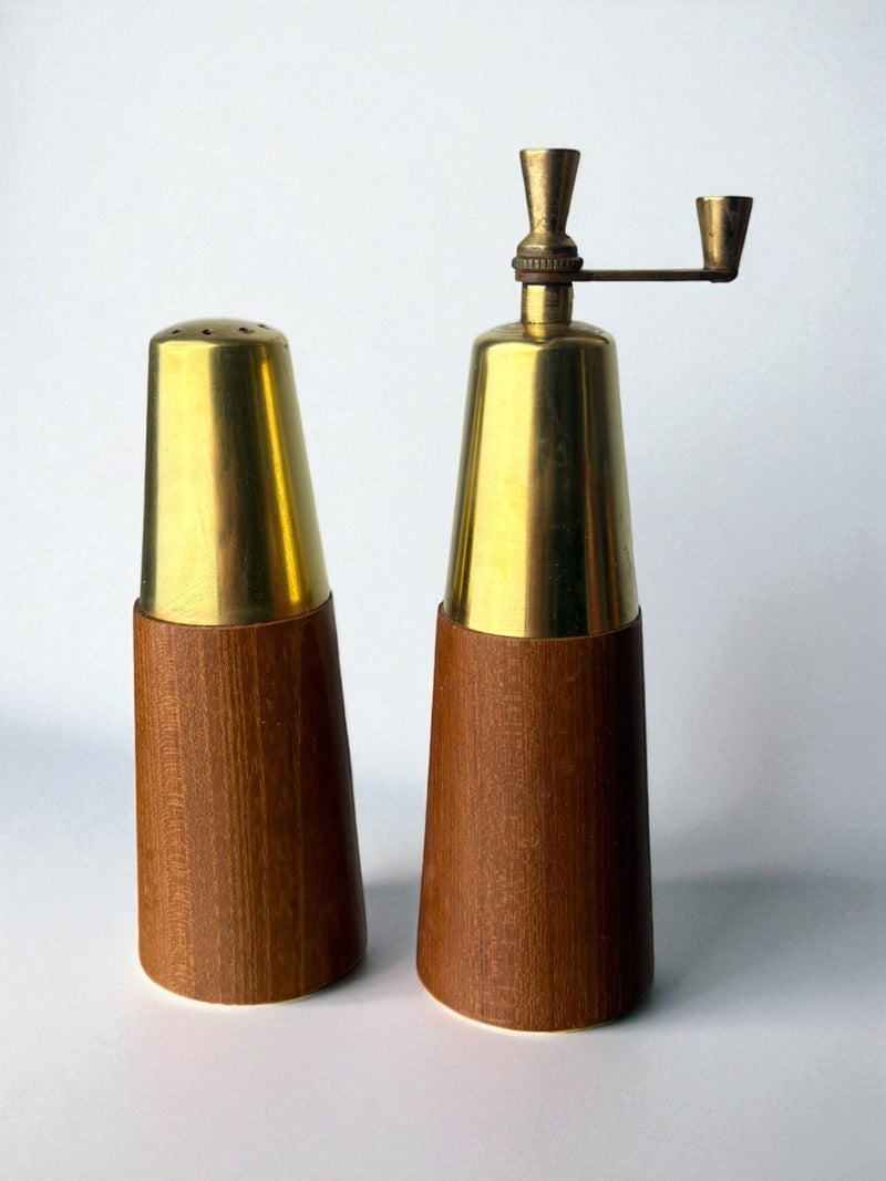 Mid-century rosewood brass salt pepper mill set Italy 1970s