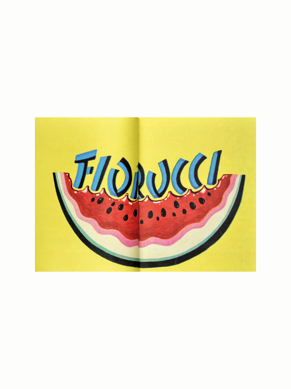 A bright yellow poster features a colorful illustration of a watermelon slice with seeds, with the word "MAISON PLAGE" in bold, blue, and white uppercase letters emerging from the top of the watermelon—an iconic brand that defined 1980s fashion.