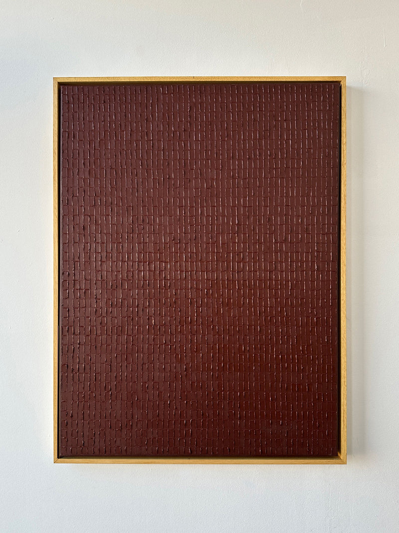 Abstract textured burgundy oil painting by Roi Elmaliah in wooden frame