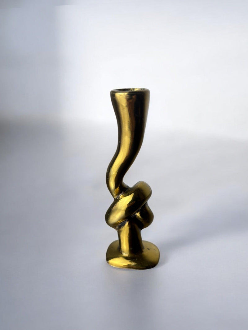 Bronze twisted knot candleholder with curved stem, Italian 1970s