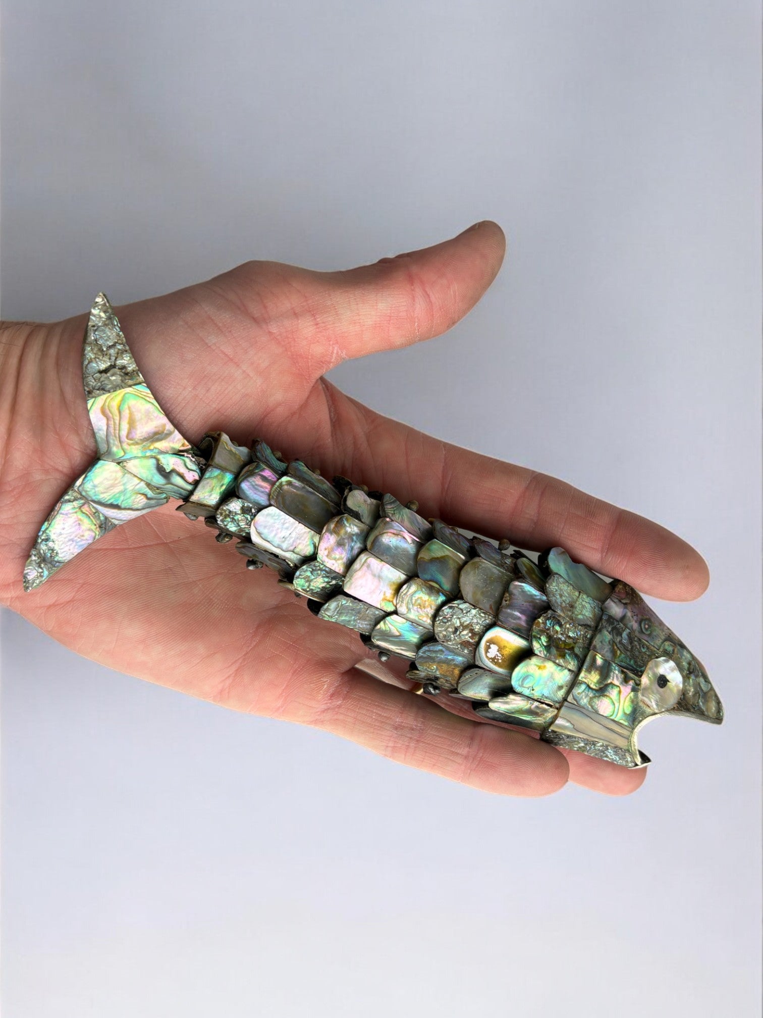 Articulated Abalone Shell and Brass Fish, Mexico, 1980s
