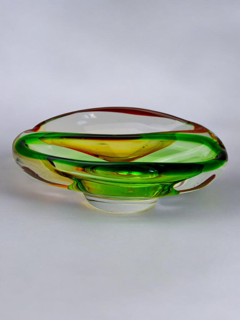 Vibrant green and amber Murano glass ashtray profile view