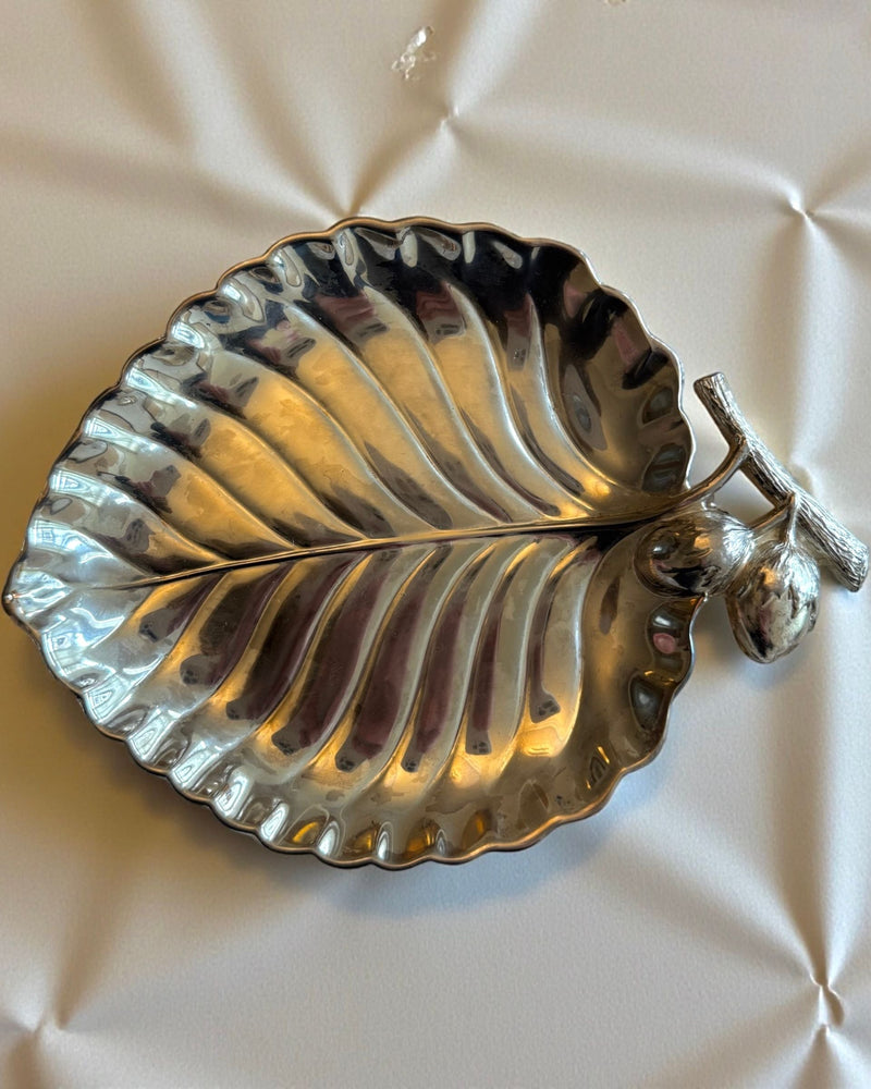 Vintage Italian silver-plated leaf dish with ribbed texture