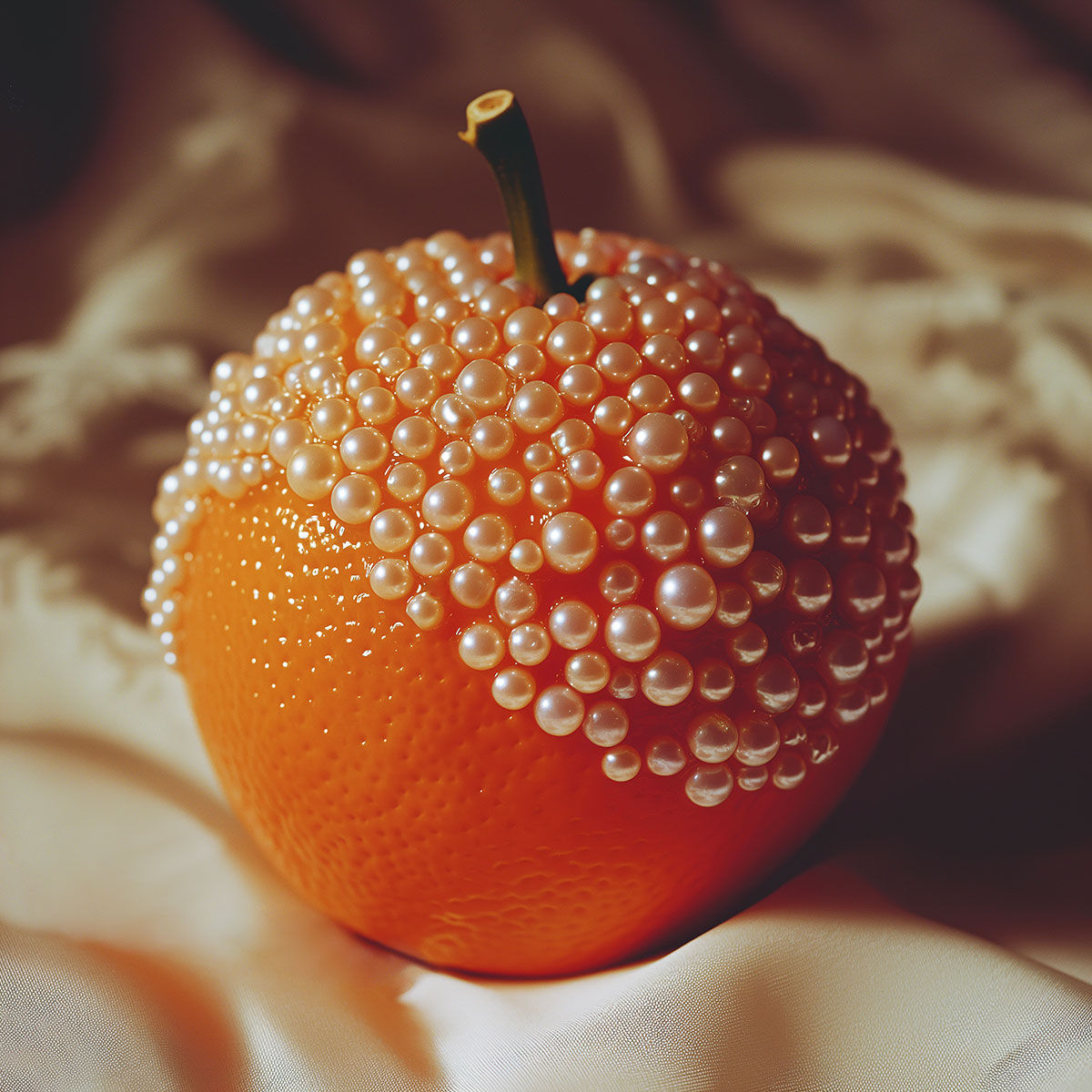 An Orange and Pearls covered partially with small white pearls sits on a silky fabric background, creating a surreal and artistic contrast between the natural fruit and the luxurious pearls. This captivating scene exemplifies mixed media photography by Adeline Mai, blending nature with luxury in fine art print style.