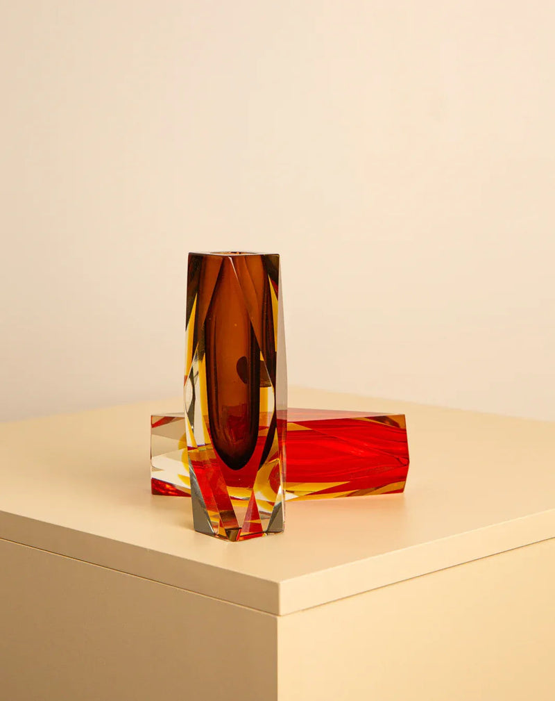 Exquisite set of red and amber Diamant vases designed by Flavio Poli for Mandruzzato, featuring stunning color contrast and geometric details